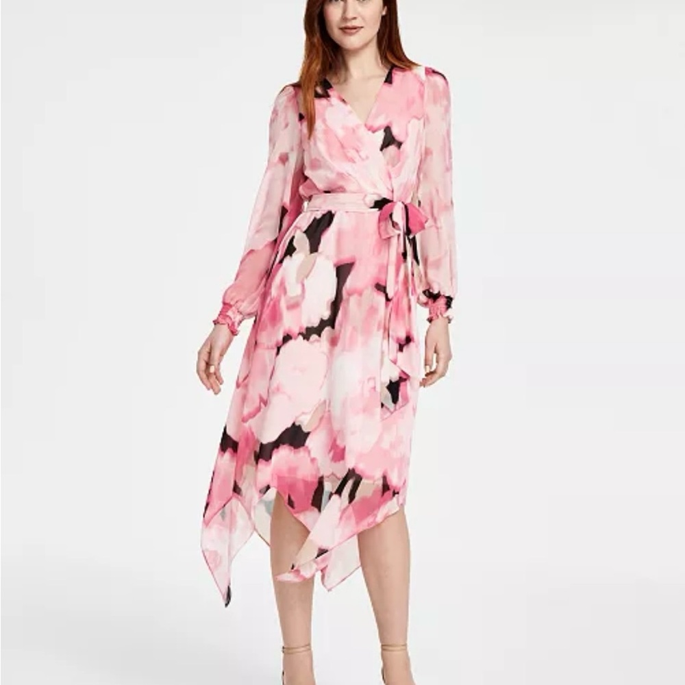 NWT Anne Klein Women's Printed Smocked-Cuff Midi Dress